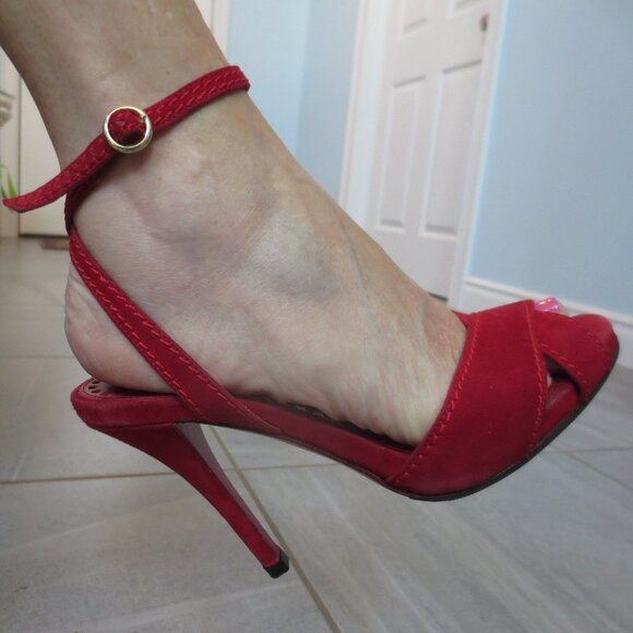 SAINT LAURENT Red Ankle Strap High Heel Sandals - Picture 7 of 9